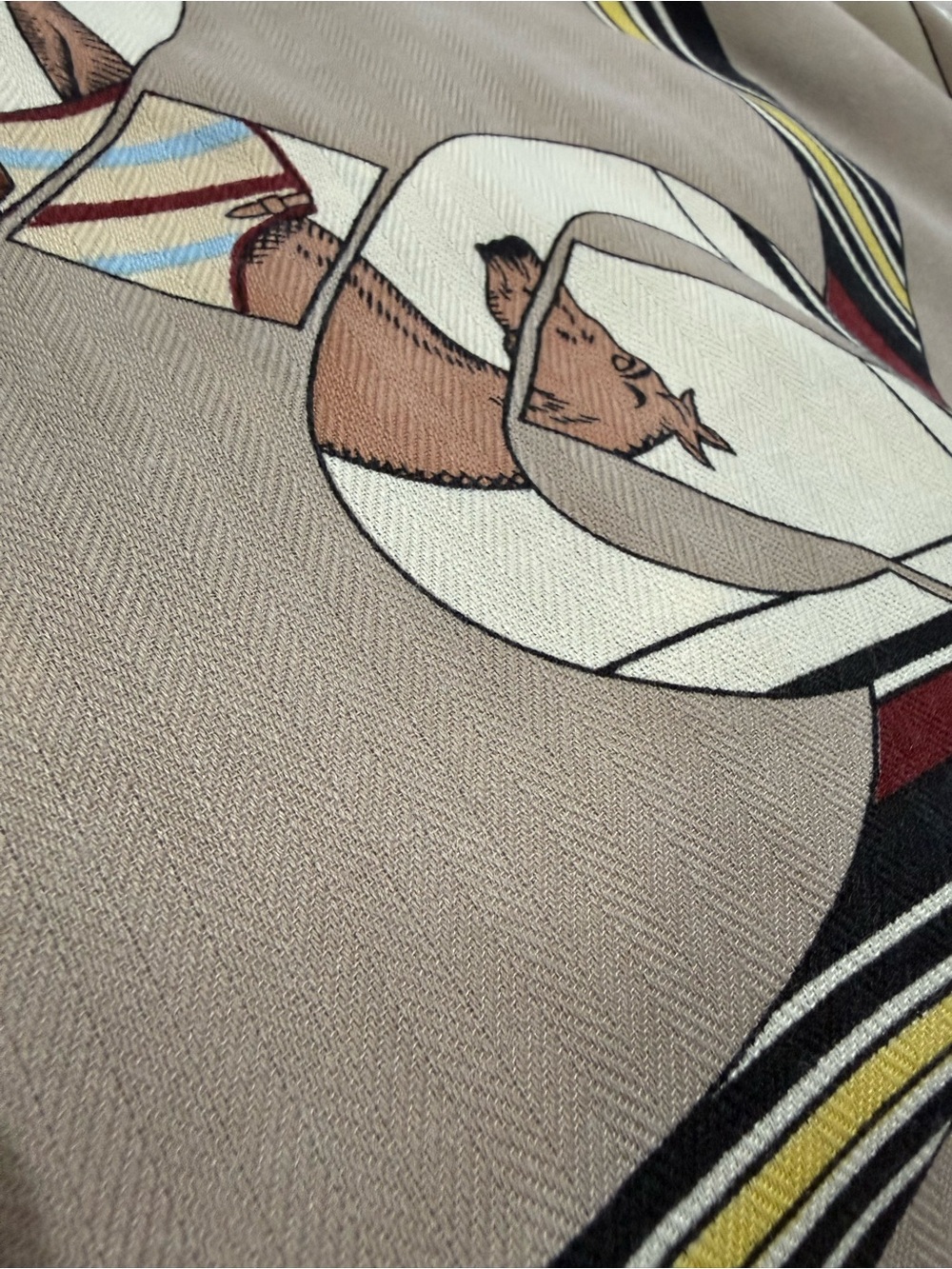 Neutral Beige Printed Silk & Cashmere Scarf with Equestrian Motif - Picture 14 of 14